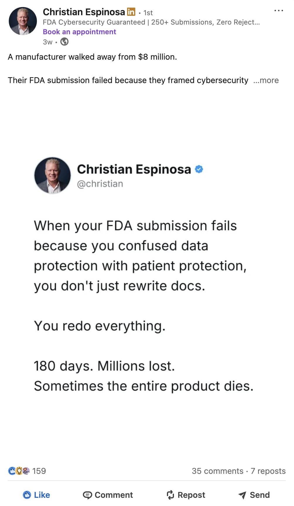 LinkedIn post by Christian Espinosa, 159 reactions