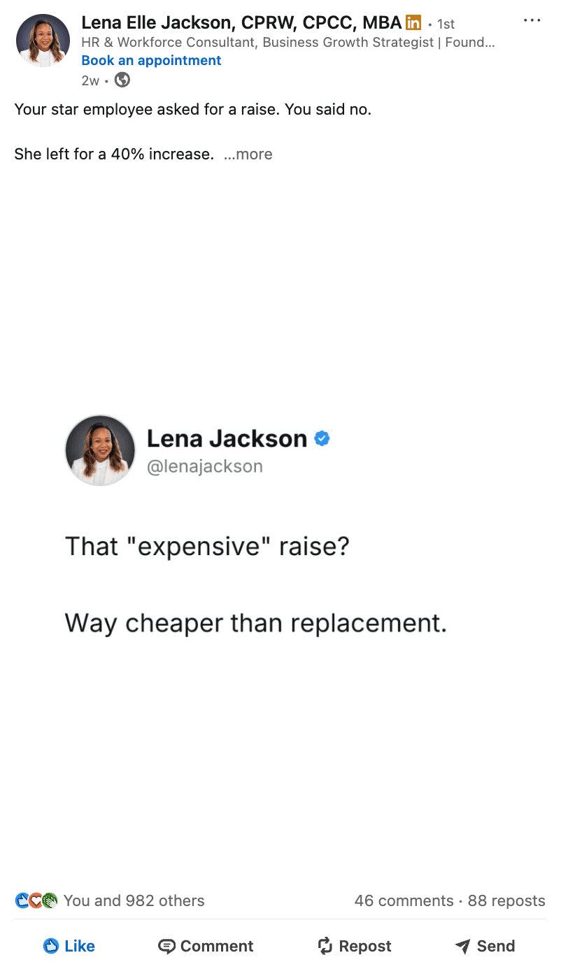 LinkedIn post by Lena Elle Jackson, 983 reactions