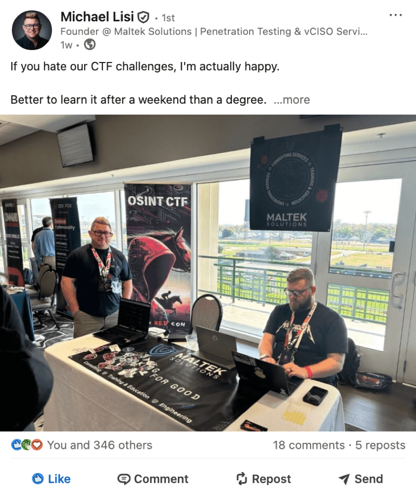 Michael Lisi's LinkedIn post on why he actually loves hard CTF challenges. 347 reactions.