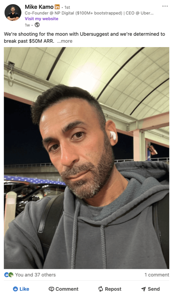 Mike Kamo's LinkedIn post on shooting for the moon with Ubersuggest. 38 reactions.