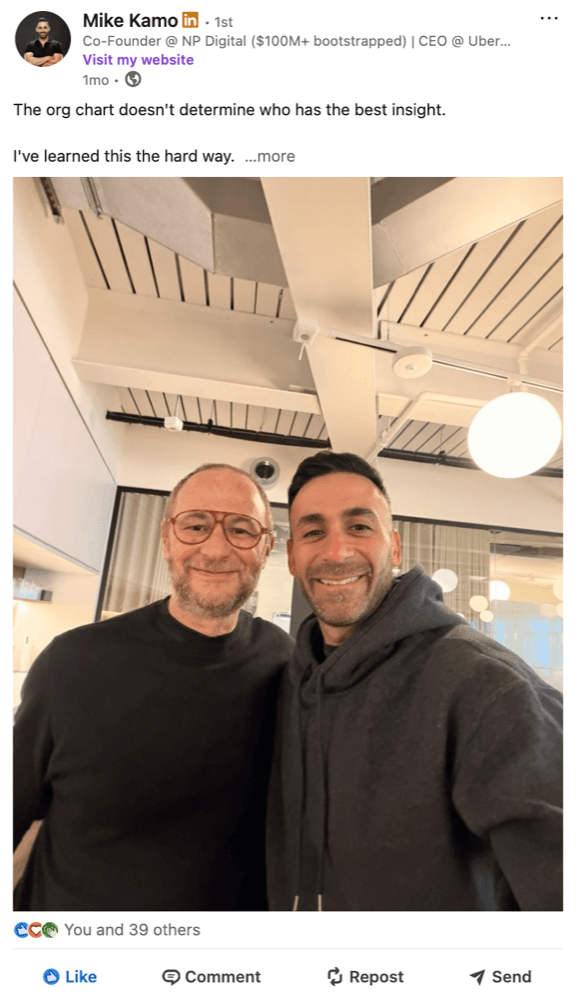 Mike Kamo's LinkedIn post on how the org chart does not decide who really has influence. 40 reactions.