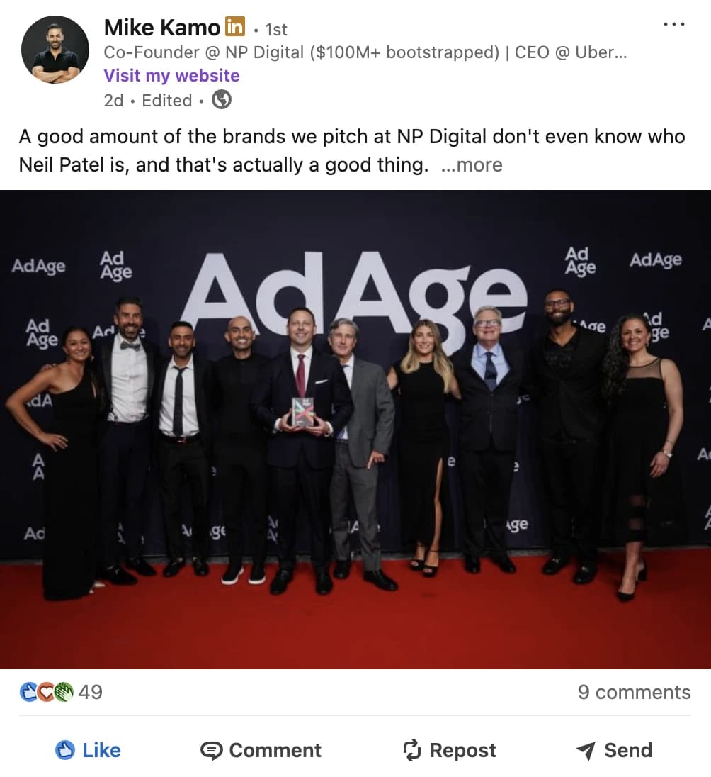 LinkedIn post by Mike Kamo, 49 reactions