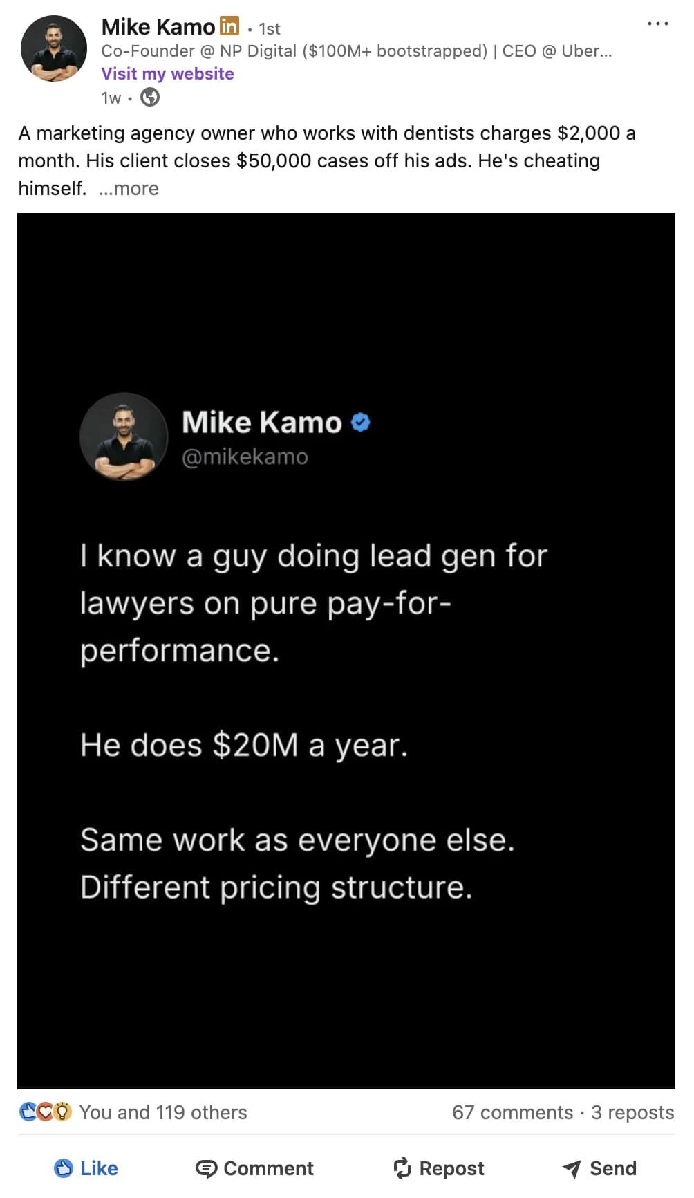 LinkedIn post by Mike Kamo, 120 reactions