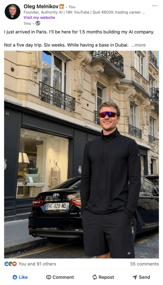 Oleg Melnikov's LinkedIn post written on arriving in Paris. 92 reactions.